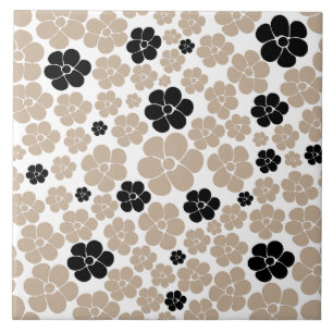Trendy Flower Pattern in Taupe, Black, and White  Ceramic Tile