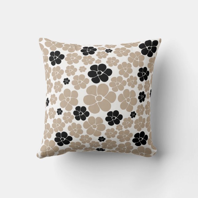 Trendy Flower Pattern in Taupe, Black, and White  Cushion (Back)