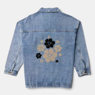 Trendy Flower Pattern in Taupe, Black, and White Denim Jacket