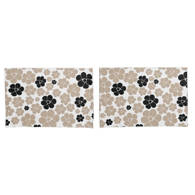 Trendy Flower Pattern in Taupe, Black, and White Pillowcase (Front-Set)