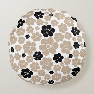 Trendy Flower Pattern in Taupe, Black, and White Round Cushion