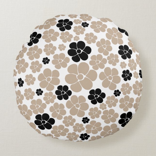 Trendy Flower Pattern in Taupe, Black, and White Round Cushion (Front)