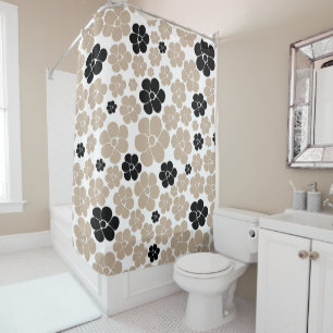 Trendy Flower Pattern in Taupe, Black, and White Shower Curtain