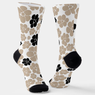 Trendy Flower Pattern in Taupe, Black, and White Socks