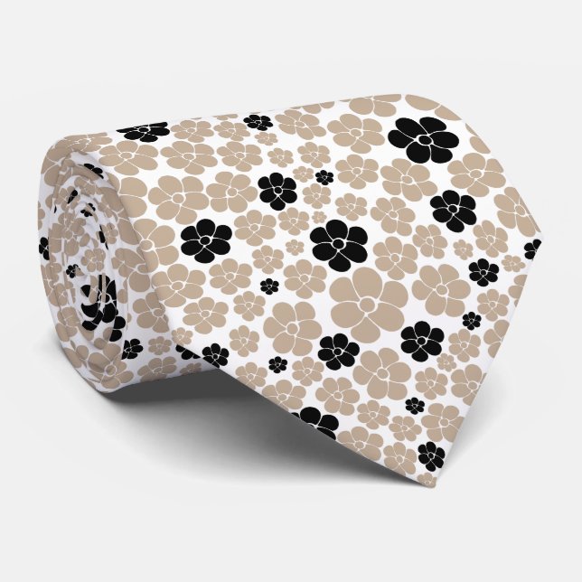 Trendy Flower Pattern in Taupe, Black, and White  Tie (Rolled)