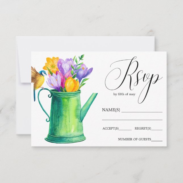 Trendy Flower watering can  tulips  wedding RSVP Card (Front)