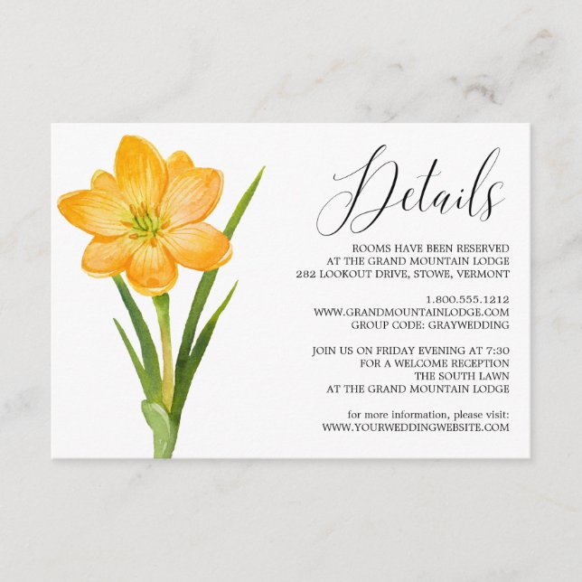 Trendy Flower Yellow Crocus Wedding Details Card (Front)