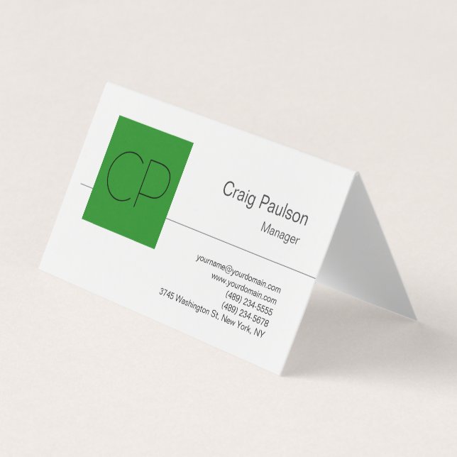 Trendy Forest Green White Monogram Business Card (Front)