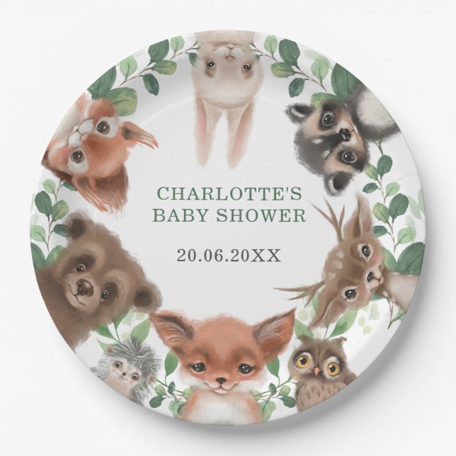 Trendy forest woodland animals baby shower favours paper plate (Front)
