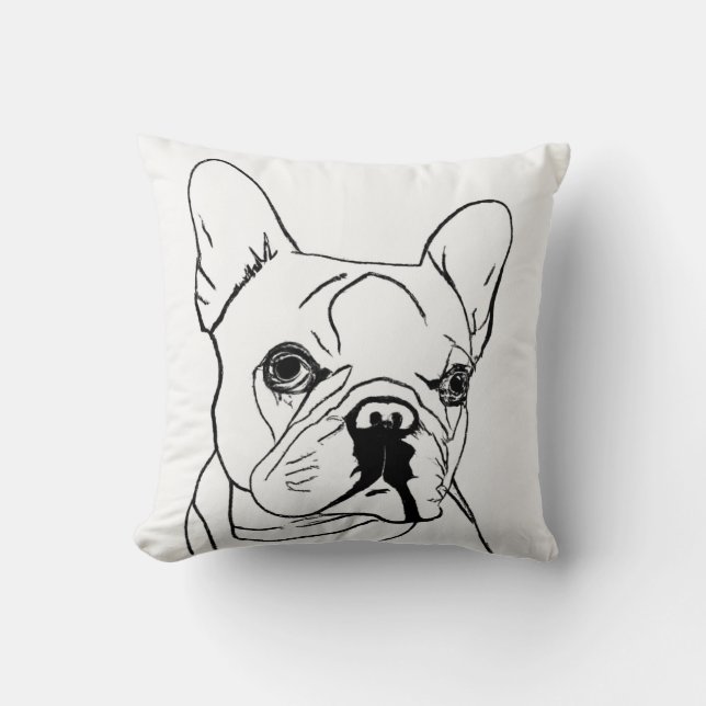 Trendy French Bulldog Black and White Line Drawing Cushion (Front)