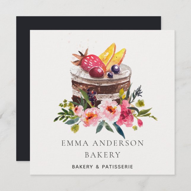 Trendy Fruit Floral Cake Patisserie Cupcake Bakery Invitation (Front/Back)