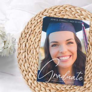 Trendy Full Graduation Photo White Script Overlay Announcement