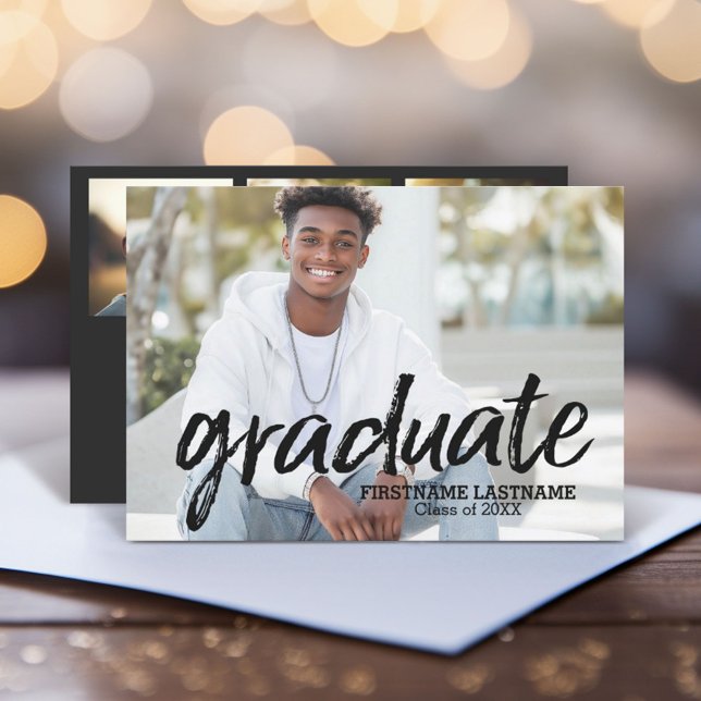 Trendy Full Photo Script Graduation Party Invitation (Graduation Announcement with 1 photo on the front and 3 photos on the back - includes party invite)