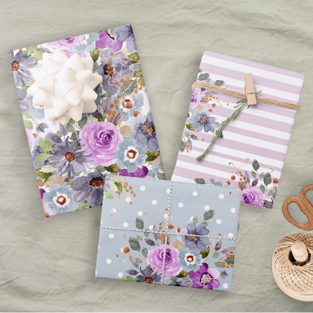 Trendy Fun Girly Pink Blue Purple Floral Stripe Wrapping Paper Sheet (Creator Uploaded)
