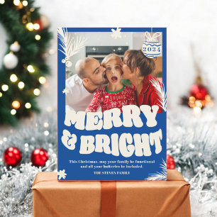 Trendy Fun Merry & Bright blue Christmas photo Holiday Card