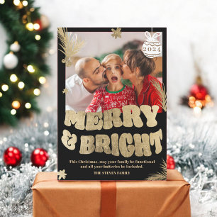 Trendy Fun Merry & Bright gold Christmas photo Holiday Card