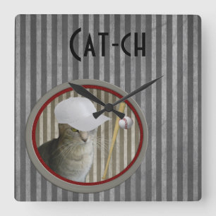 Trendy funny baseball cat cat-ch square wall clock