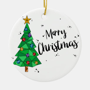 Trendy Geometric Colourful Tree Merry Christmas Ceramic Ornament