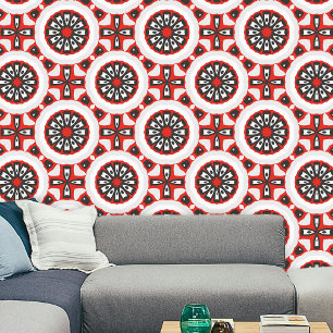 Trendy Geometric Medallion Motifs Red Black White Wallpaper