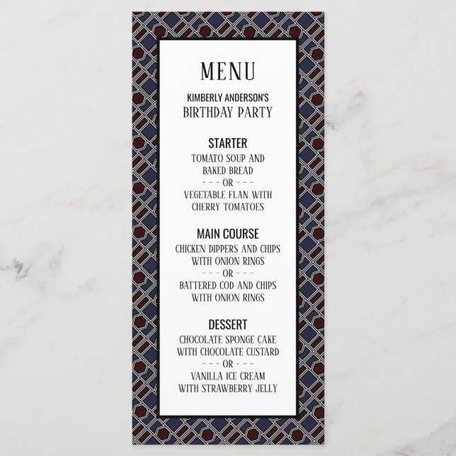 Trendy Geometric Pattern, Modern Birthday Menu (Front)