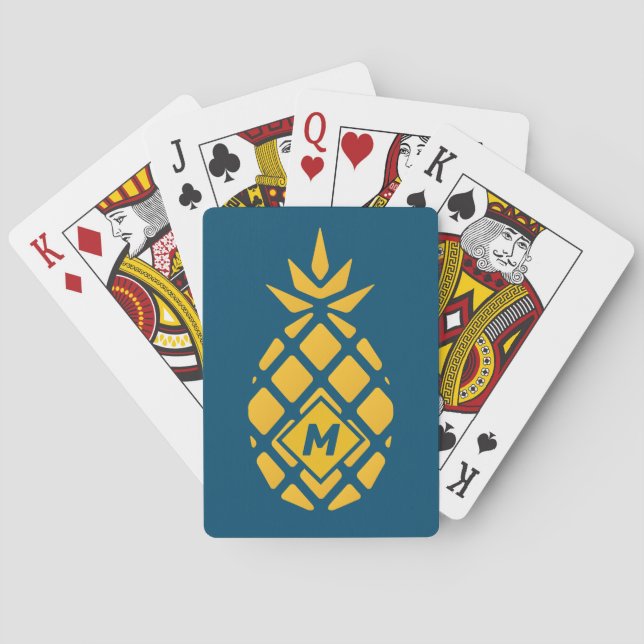 Trendy Geometric Pineapple Blue Monogram Playing Cards (Back)