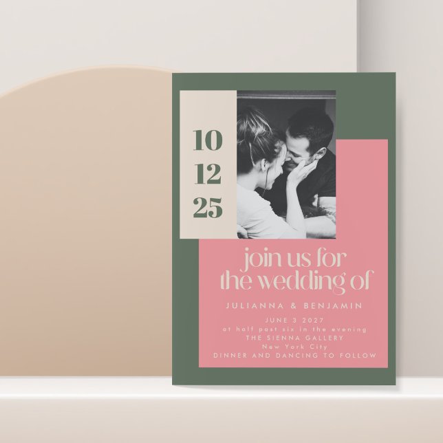 Trendy Geometric Pink and Green Photo Wedding Invitation (Creator Uploaded)