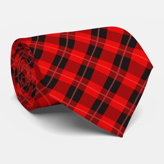 Trendy Geometric Plaid Pattern In Red & Black Tie (Rolled)