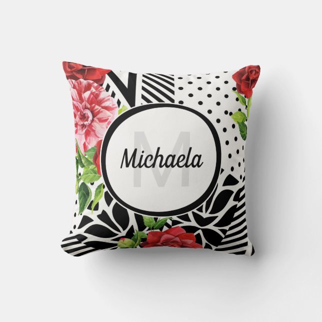 Trendy Geometric Stripe Pattern Red Foral Monogram Cushion (Front)
