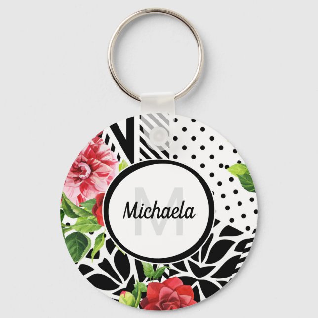 Trendy Geometric Stripe Pattern Red Foral Monogram Key Ring (Front)