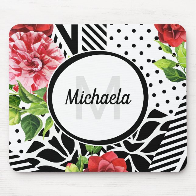 Trendy Geometric Stripe Pattern Red Foral Monogram Mouse Pad (Front)