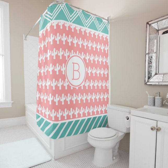 Trendy Geometric & White Cactus | Monogram Shower Curtain (In Situ)