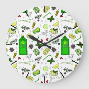 Trendy Gin Cocktails Print Cocktail Bar Patterned Large Clock