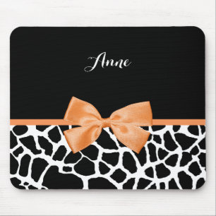 Trendy Giraffe Animal Print Orange Bow With Name Mouse Pad