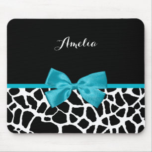 Trendy Giraffe Animal Print Turquoise Bow and Name Mouse Pad