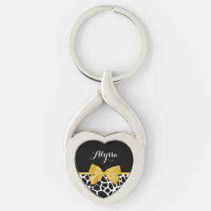 Trendy Giraffe Print Golden Yellow Bow With Name Key Ring