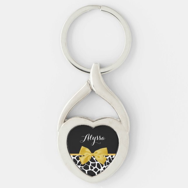 Trendy Giraffe Print Golden Yellow Bow With Name Key Ring (Front)