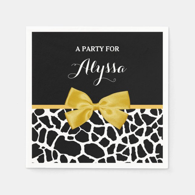 Trendy Giraffe Print Golden Yellow Bow With Name Napkin (Front)