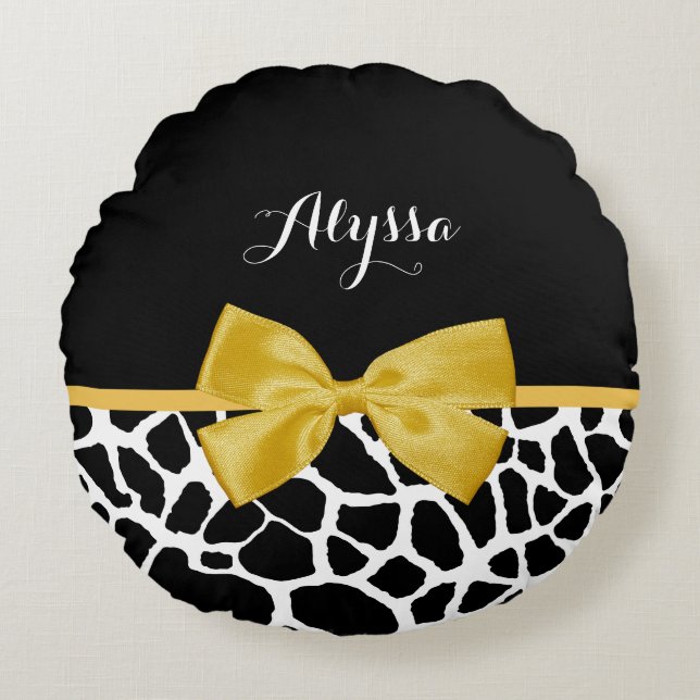 Trendy Giraffe Print Golden Yellow Bow With Name Round Cushion (Front)