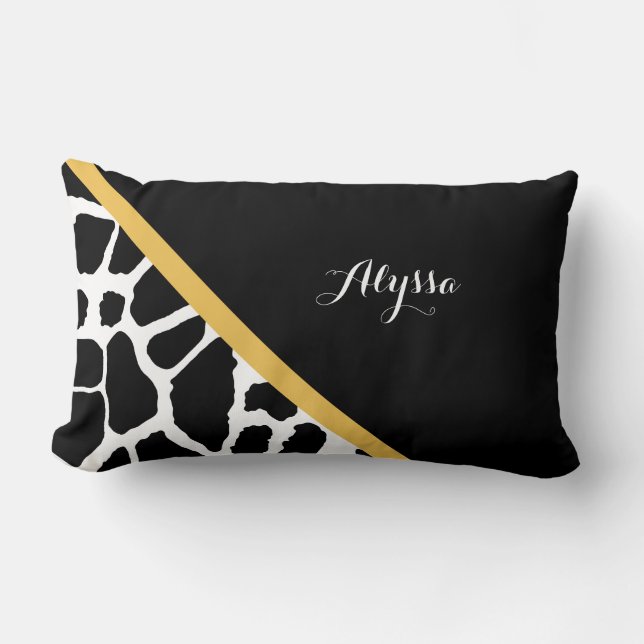 Trendy Giraffe Print Golden Yellow Stripe and Name Lumbar Cushion (Front)