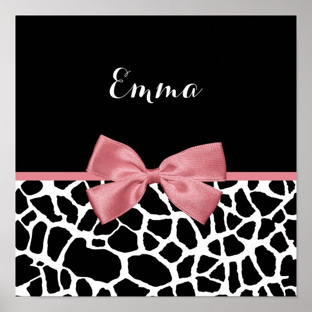 Trendy Giraffe Print Rosy Pink Bow With Name (Front)