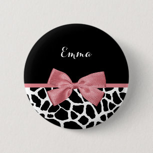 Trendy Giraffe Print Rosy Pink Bow With Name 6 Cm Round Badge