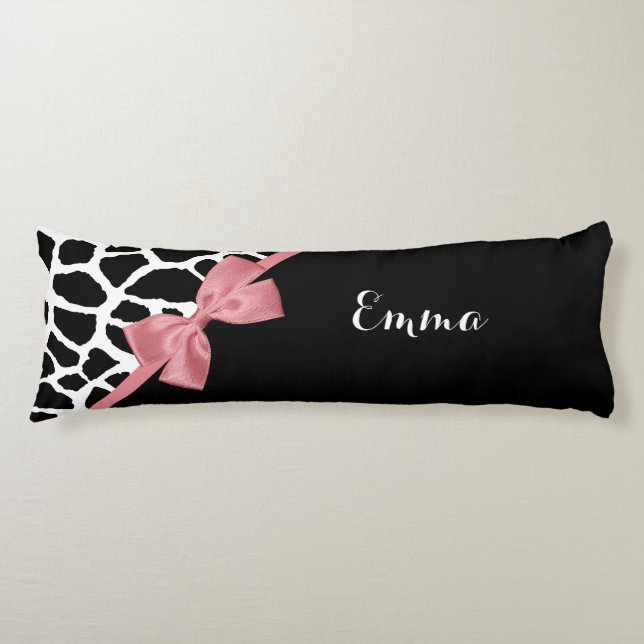 Trendy Giraffe Print Rosy Pink Bow With Name Body Cushion (Front)