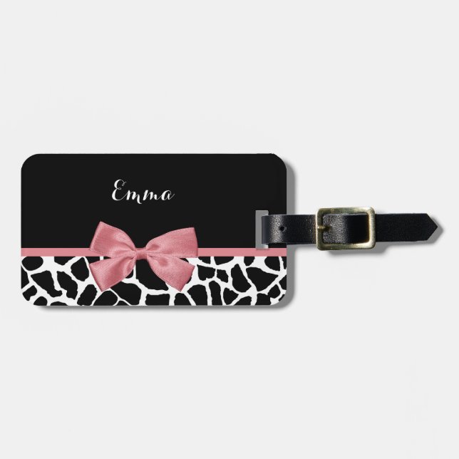 Trendy Giraffe Print Rosy Pink Bow With Name Luggage Tag (Front Horizontal)