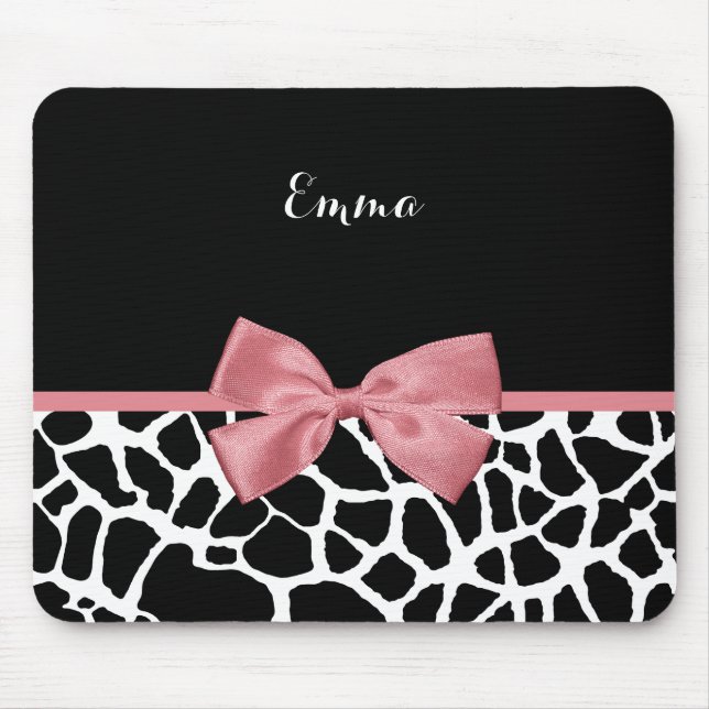 Trendy Giraffe Print Rosy Pink Bow With Name Mouse Pad (Front)