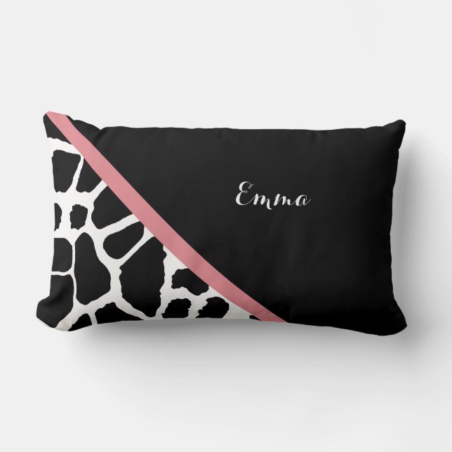 Trendy Giraffe Print Rosy Pink Stripe With Name Lumbar Cushion (Front)