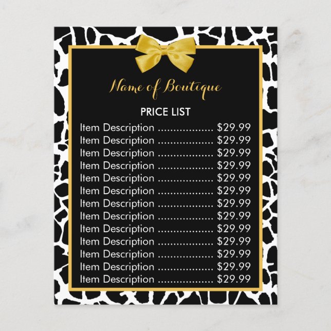 Trendy Giraffe Print Yellow Bow Boutique Price Flyer (Front)