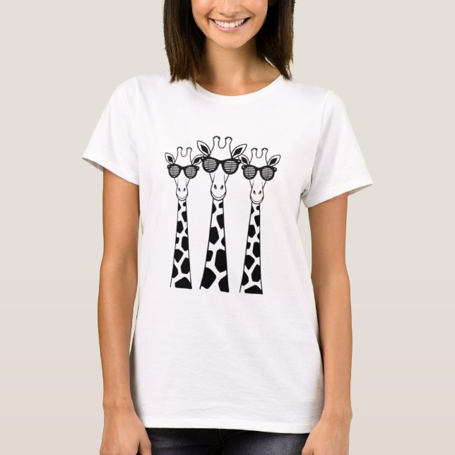 Trendy Giraffe Trio with Stylish Sunglasses T-Shirt (Front)