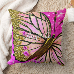 Trendy Girl Pink and Gold Butterfly Custom Name Cushion