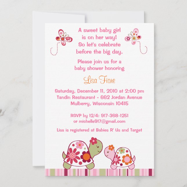 Trendy Girl Turtle Baby Shower Invitations (Front)
