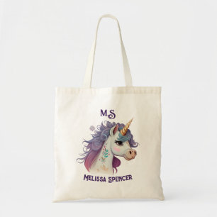 Trendy Girls' Elegant Purple Magical Unicorn Name Tote Bag